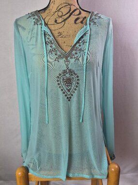 New York & Company L Aqua Beaded Sheer Long-Sleeve Tunic Boho